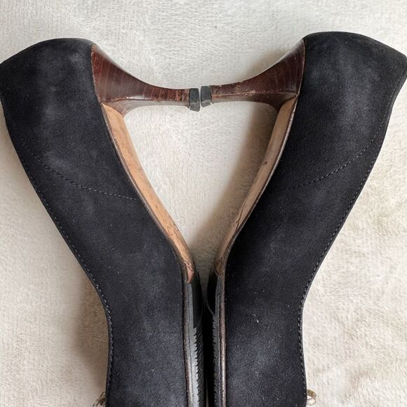 Chanel Suede Kitten Heel Pumps Snakeskin Cap Toe CC Logo Lace Up 37.5 - Picture 5 of 12